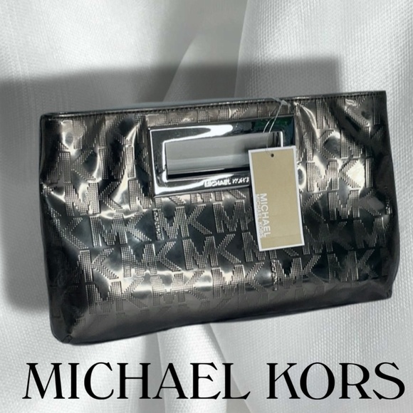 NWT MICHAEL KORS  Berkeley‎ Metallic Logo Set-In Handle Clutch, Nickel - Picture 1 of 8